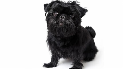 A charming black Brussel Griffon dog sitting and looking forward on a white background, highlighting its distinct features and fluffy fur, perfect for pet lovers and stock imagery.