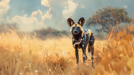An African painted dog stands in the savannah under a dramatic sky, showcasing its unique coat patterns and the untamed beauty of the wilderness, captured with artistry.