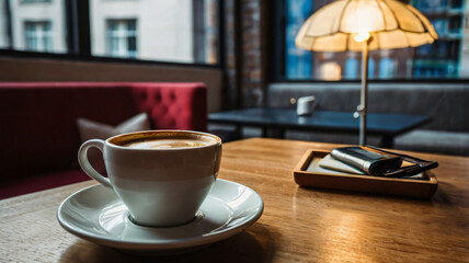 Fototapeta premium Coffee cup and coffee beans roating on the wooden table and the coffee shop background with copy space