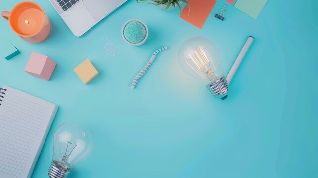 Innovative marketing strategy on blue background top view mockup, copy space, realistic photo