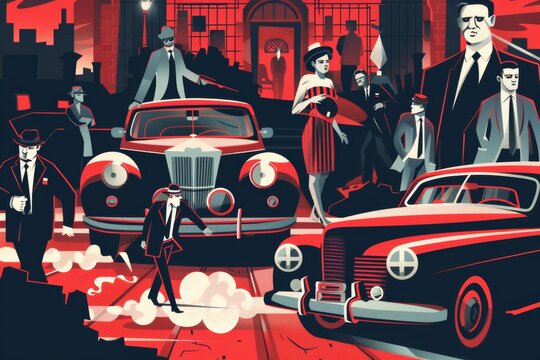 Italian mafia lifestyle aesthetic flat illustration - mobsters, vintage cars, the mystique and allure of organized crime in Italy. 