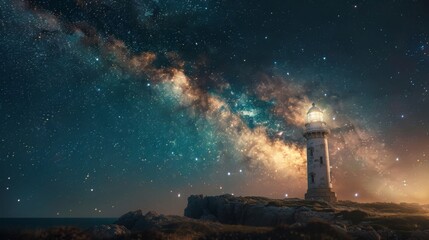 Starry night sky with vibrant, colorful Milky Way above a lighthouse on a rocky shore. Serene and breathtaking scenery in this vivid night image.