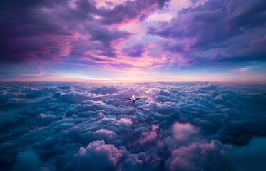 Aerial photo of the sky above clouds with a plane flying away. Dreamy pastel color palette with purple, blue and pink primary colors.