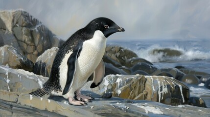 Fototapeta premium This image shows a close-up of an Adelie penguin perched on a rocky coast with a backdrop of the Antarctic ocean waves and boulders, highlighting the stark and beautiful landscape.