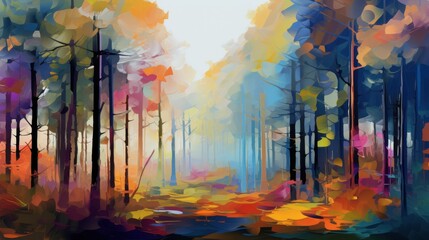 Colorful Abstract Forest Painting. Vibrant Woods Landscape