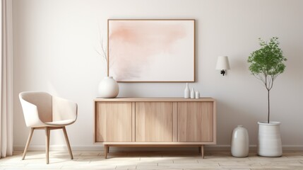 A bright and minimalist room features an abstract painting, a modern wooden cabinet, and a simple yet elegant chair, illustrating a perfect blend of art and functionality.