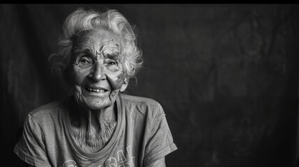 Fototapeta premium Elderly woman smiling in t shirt, posing against contrasting backdrop in a realistic portrait