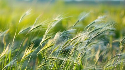 Fototapeta premium Feather grass on a green meadow in a summer breeze