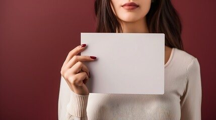 Maroon background with a female presenting a blank placard, price cut information highlighted.