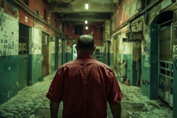 Naklejka premium convicted felon walking in corridor, scene at shady neighborhood, crime rate, criminal activity in big cities, safety and security level