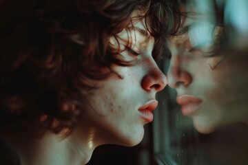 woman suffering from acne skin condition by the window