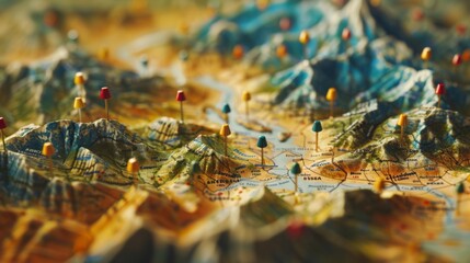 A highly detailed topographic map showcasing various geographical elements and marked with colorful pins indicating specific locations, ideal for educational or navigational use.