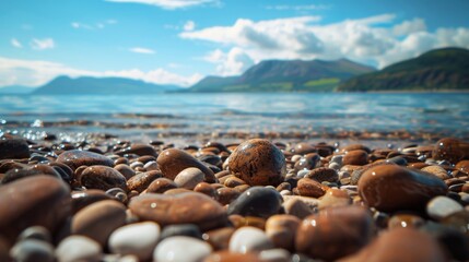 Close-up of Pebble Beach with Scenic Mountain and Sky Background on a Sunny Day