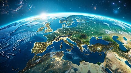 This beautifully captured image presents Europe lit against the night sky, showing bustling cities and historical landmarks, illuminated under the pristine cosmic expanse.