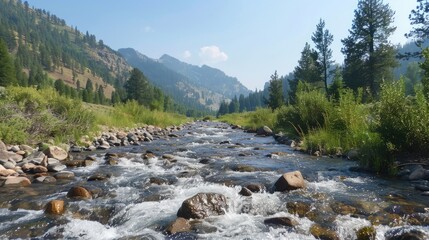 A picturesque stream flowing over rocks with forested mountains in the background