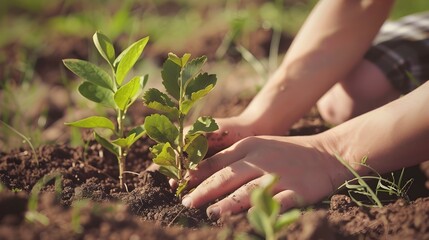 Fototapeta premium Hands Gently Nurturing a Sprouting Seedling in Rich Soil