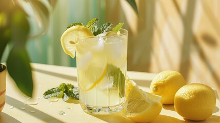A refreshing glass of iced lemonade with lemon slices and mint leaves on a sunny table