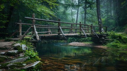A rustic wooden bridge crossing a calm stream in the middle of a forest