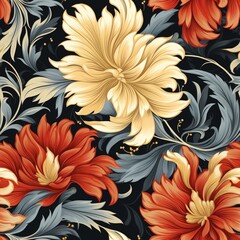 A beautiful floral pattern with red, yellow, and blue flowers on a dark blue background.