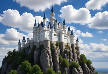 Fairy tales high fantasy castle on a impegnetrable rock cliff, white walls, blue roofs pointy, clear sky with clouds