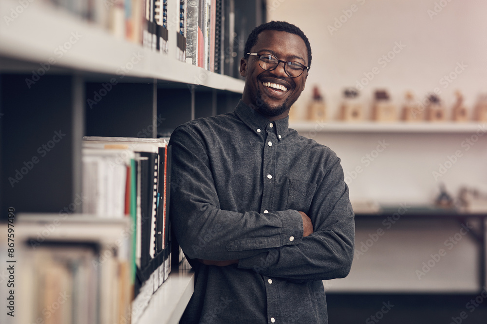 Poster happy, crossed arms and portrait of architect in office with books on shelf for research at startup.