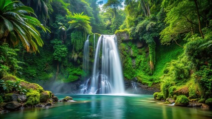 Obraz premium A stunning waterfall in the lush tropical forest, waterfall, tropical, forest, jungle, nature, landscape, green, paradise