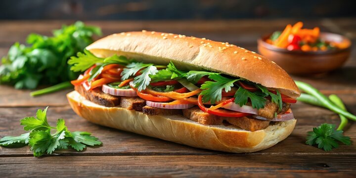 Vietnamese barbecue pork sandwich with pickled vegetables and cilantro , banh mi, thit nuong