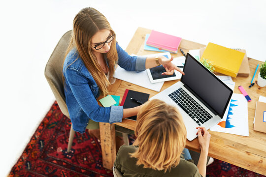 University, students and friends on laptop screen above with statistics, collaboration and qualitative research. Smart girl on computer with learning, discussion and tutor advice for data analysis