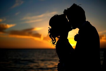 Romantic silhouette of a couple kissing at sunset on the beach