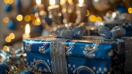 A blue gift box with silver ribbon sits under a Christmas tree with bokeh lights.