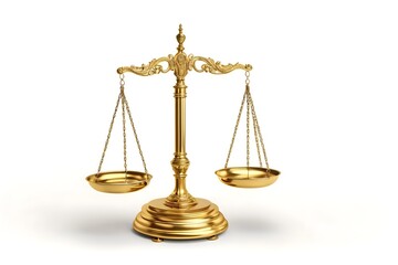 Elegant Golden Scales of Justice on White Background, Symbol of Legal Balance and Equality
