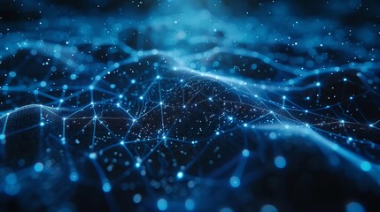 Abstract digital network in a blue environment with connections and data points, symbolizing technology and communication.