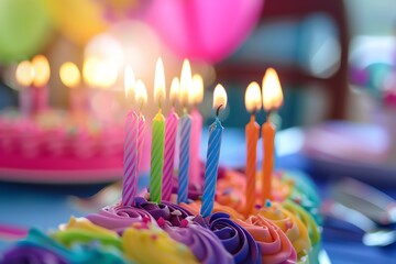 A colorful birthday cake with lit candles, a festive celebration.