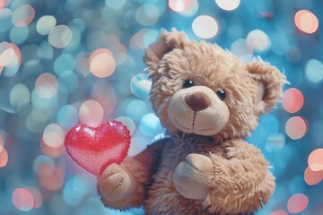 A cute teddy bear holding a red heart against a bokeh background.  Perfect for Valentine's Day or love-themed projects.