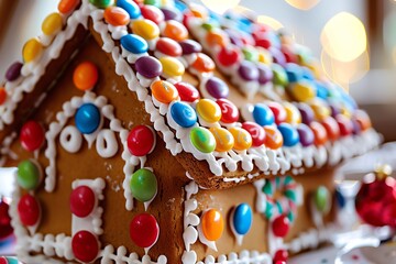 Obraz premium A gingerbread house decorated with colorful candies, perfect for a festive holiday scene.