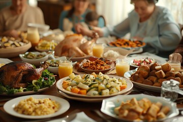 Obraz premium A large table filled with food, surrounded by family members enjoying a meal together.