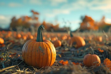 A lone pumpkin sits in a field, surrounded by other pumpkins. A harvester is visible in the background.