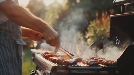 A man grilling food on a barbecue grill outdoors, with smoke rising from the grill.