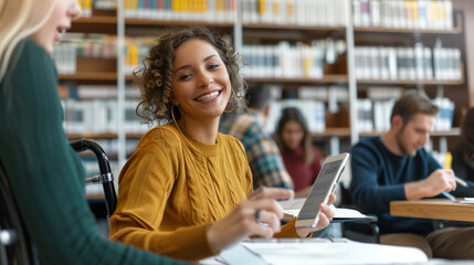 Obraz premium student young woman in wheelchair smiling to camera holding a smartphone in university library