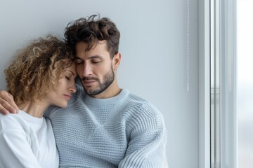 Fototapeta premium A man and woman are hugging each other in a room