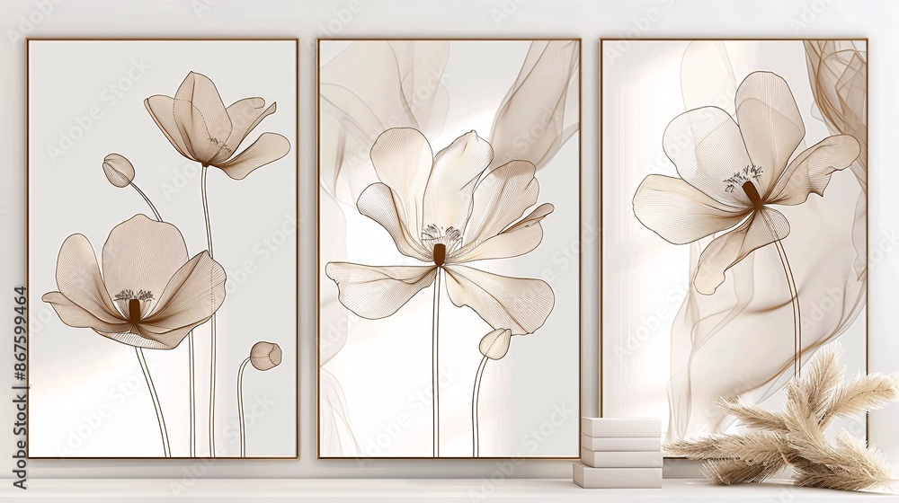 Poster a set of three art posters featuring a continuous line art flower design on a white background, crea