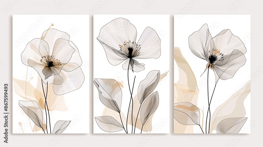 Poster a set of three art posters featuring a flowing line art flower design that continues across all piec