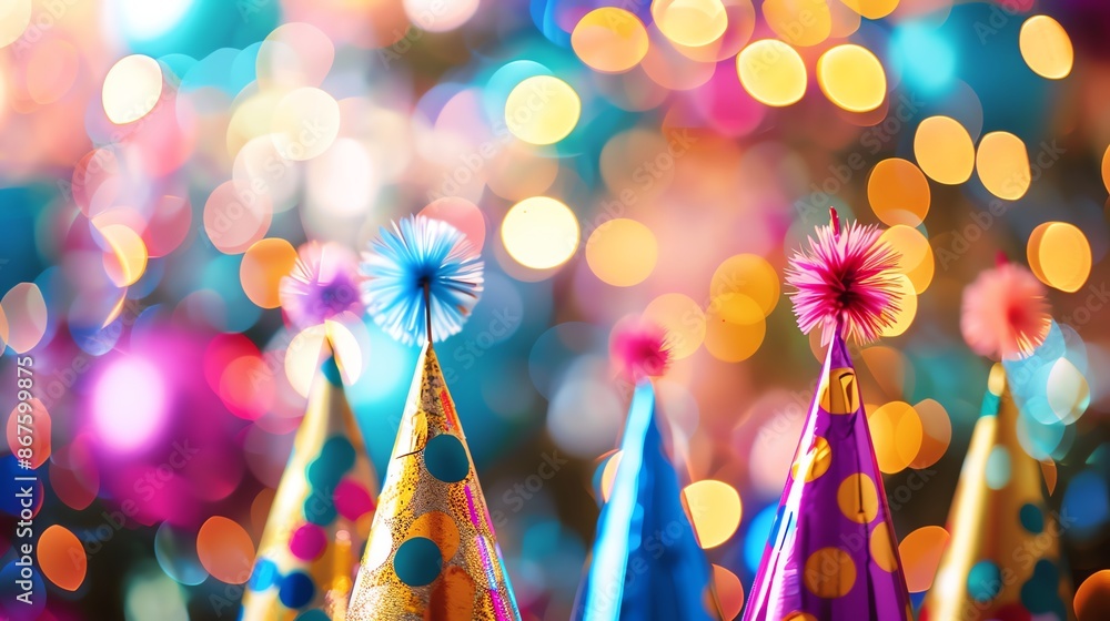 Poster colorful party hats with polka dots against a bokeh background of twinkling lights.