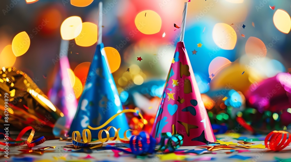 Poster colorful party hats and confetti on a table with a festive background of lights.