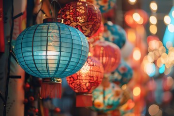 Obraz premium Colorful lanterns illuminate a festive street, creating a warm and inviting atmosphere.