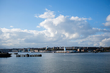 South Shields UK: 22nd Feb 2024:A view of the North Shields skyline across the River Tyne, taken from South Shields on a clear, sunny day.