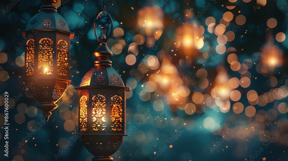 Poster ornate lanterns glow with warm light, creating a magical ambiance against a backdrop of shimmering b