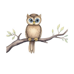 Watercolor baby owl with wide eyes sitting on a branch fluffy feathers die cut png style isolated on white and transparent background