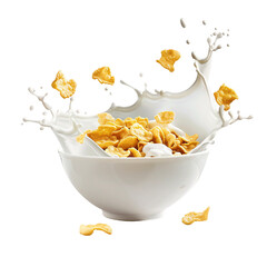 A bowl of breakfast cereal with a milk splash on an isolated background
