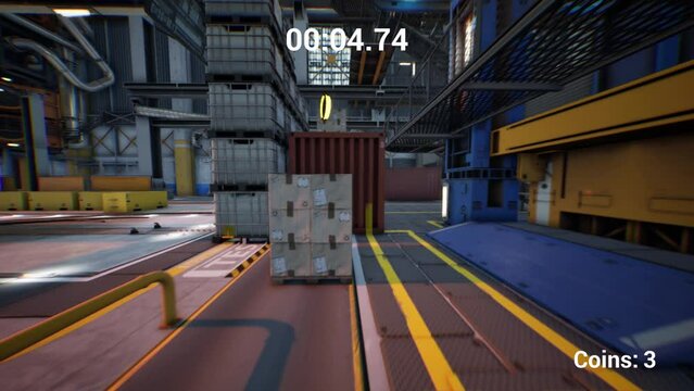 CGI footage of gameplay in retro first person runner 3D videogame, of character leaping through obstacle course in industrial warehouse setting with timer, collecting golden coins and winning level